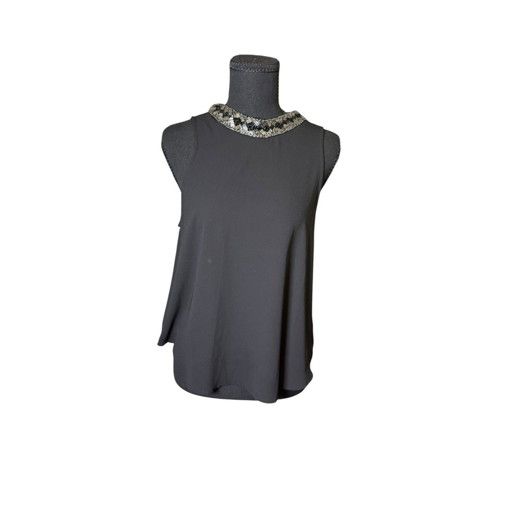 ASTR Beaded Neck Blouse Womens Small Black Excellent Chiffon Keyhole AT10102